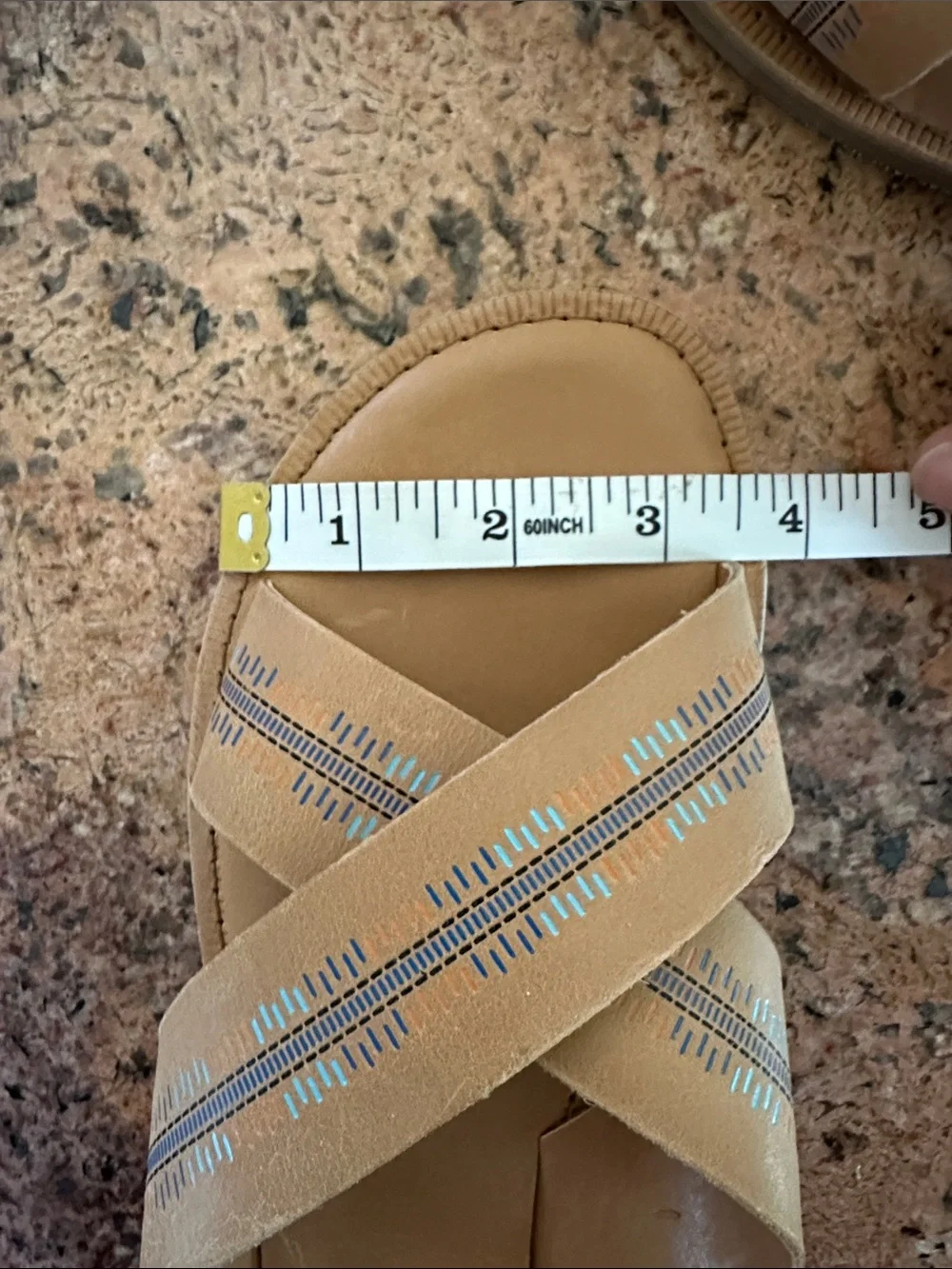 TOMS tan leather crossband slide sandals with colorful blue, aqua & orange print